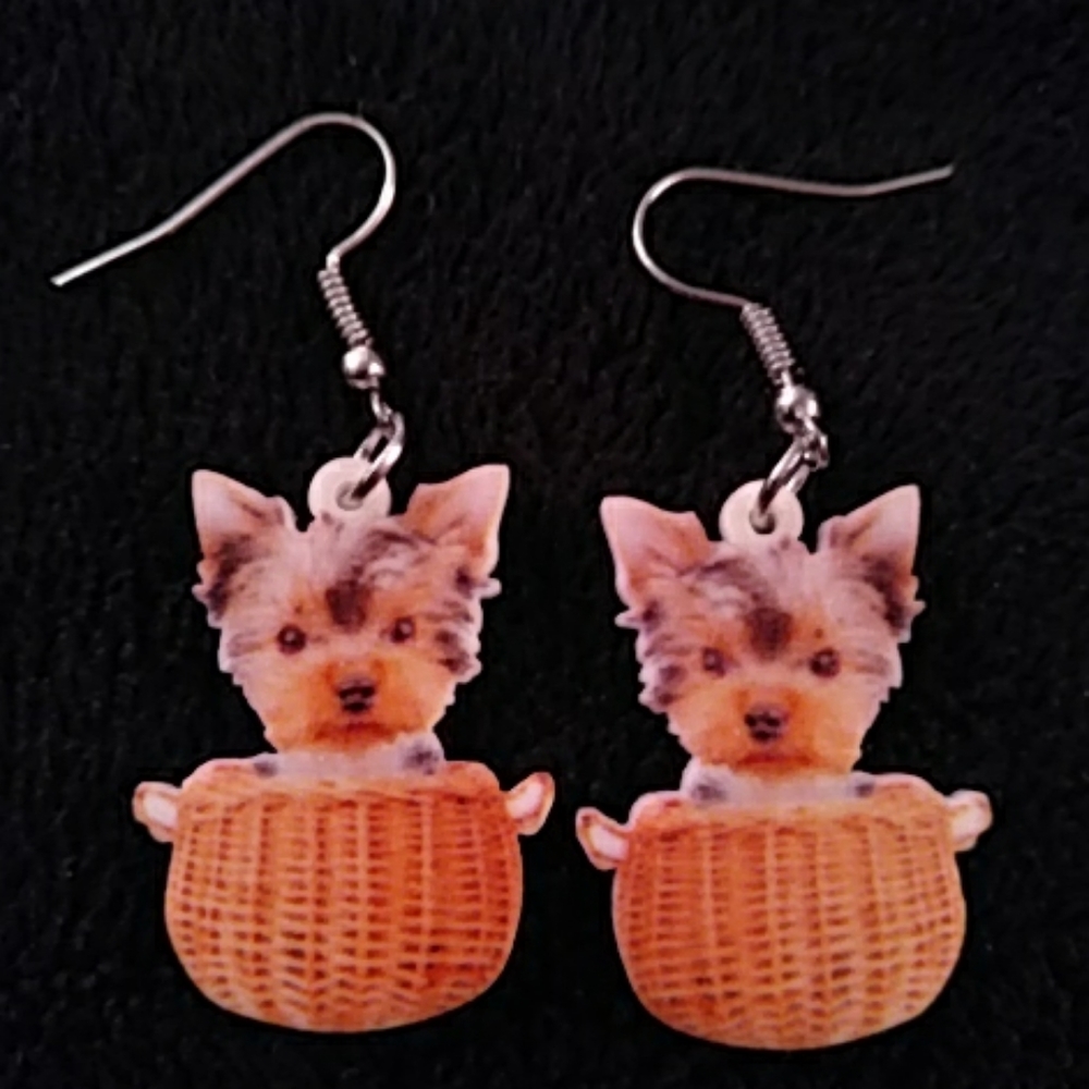 New - Earrings - Dog in a basket...Yorkie